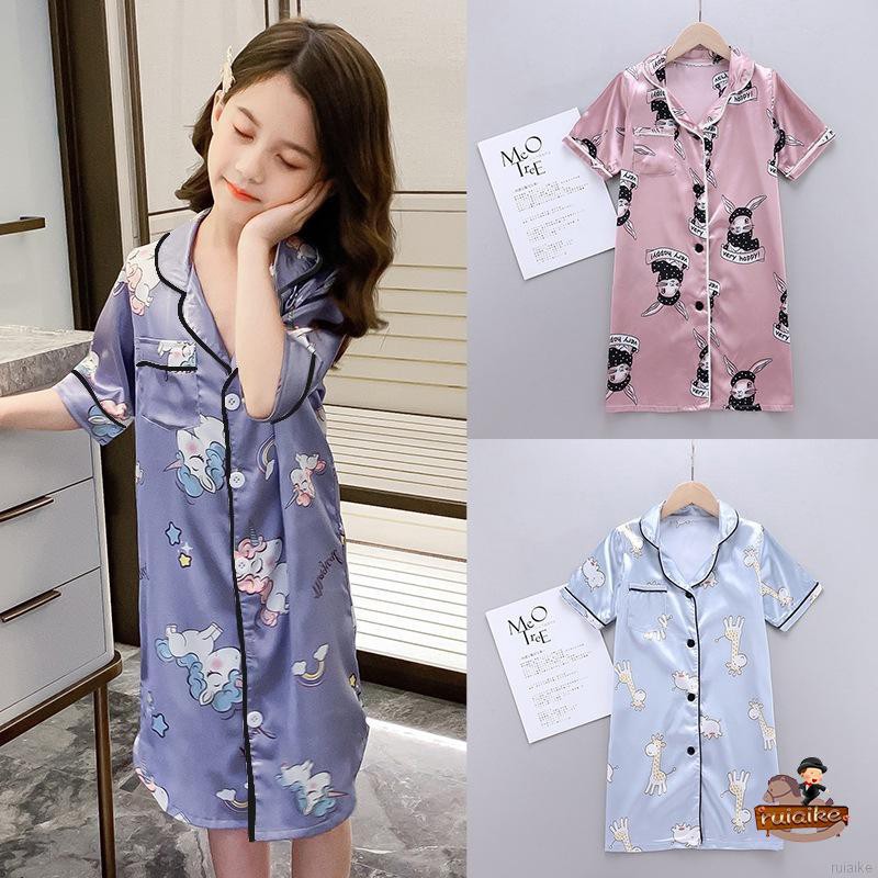 Children Kids Girls Silk Satin Kimono Robes Cartoon Unicorn Rabbit