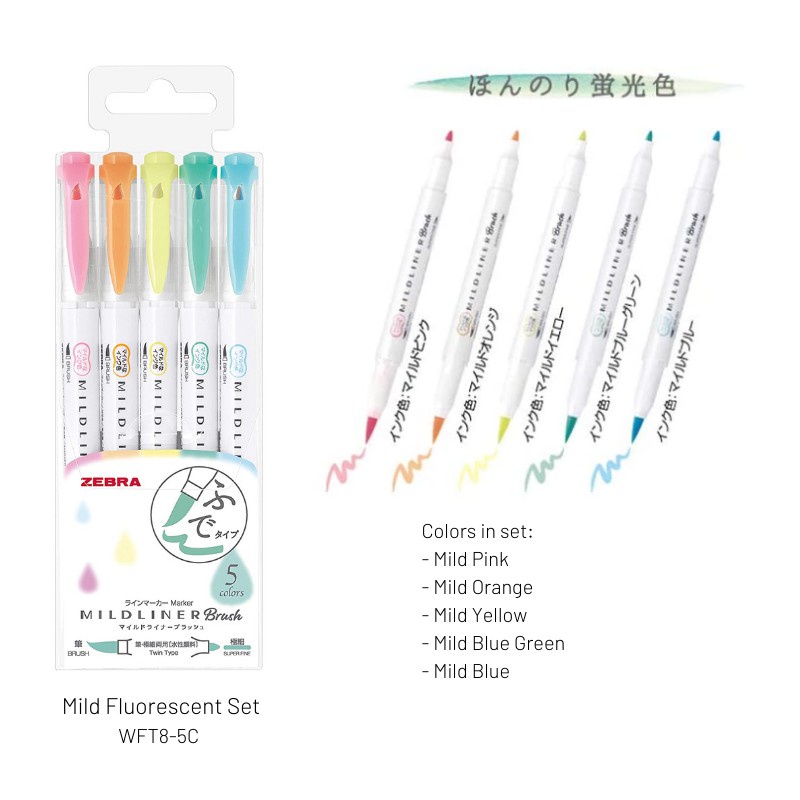 Japan Most Popular Zebra Mildliner Highlighter Brush Pen 5 Colors Set