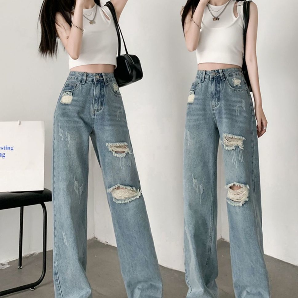 Tavimart Women's Blue Vintage Cargo Jeans High Waist Straight Mopping Pants Fashion Casual Baggy Wide Leg Denim Trouser Ladies Summer