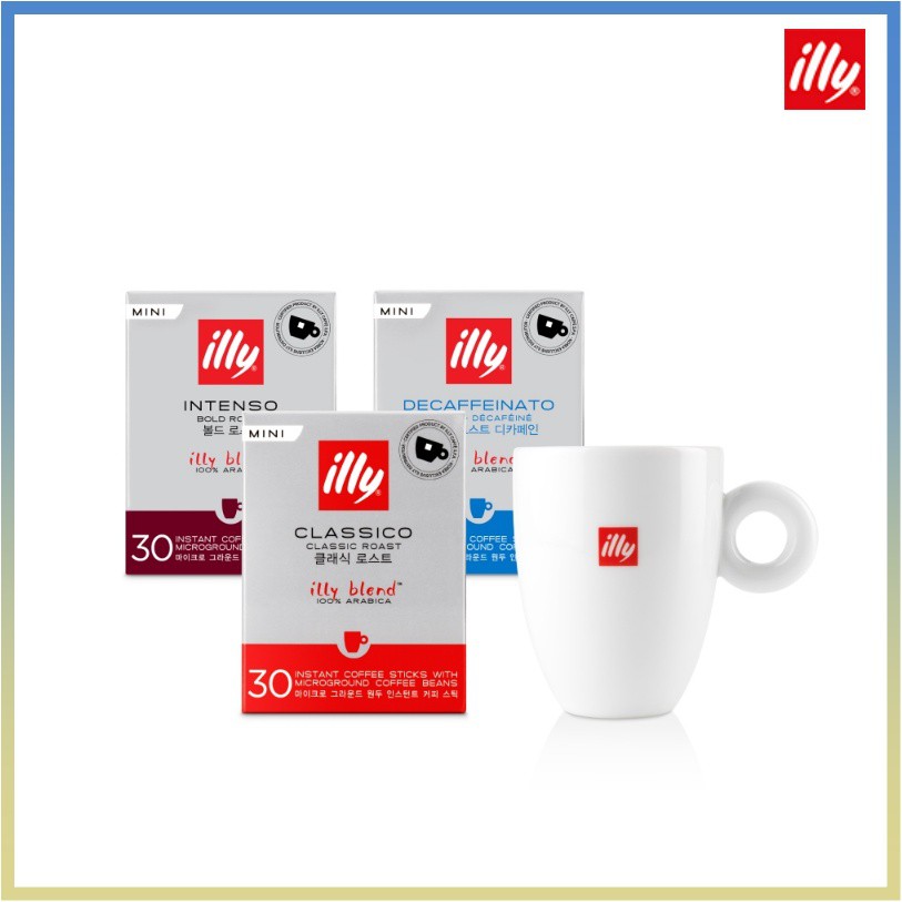 illy instant coffee sticks & illy Mug / CLASSICO, INTENSO, DECAFFEINATO