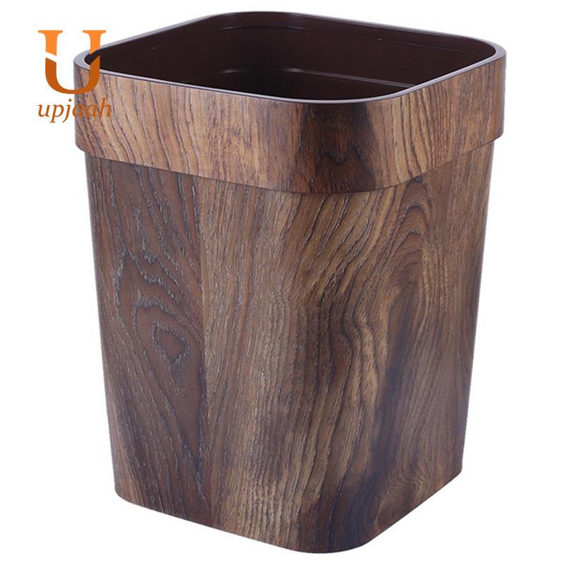 Imitation Wood Grain Trash Can Plastic Trash Can with Pressure Ring