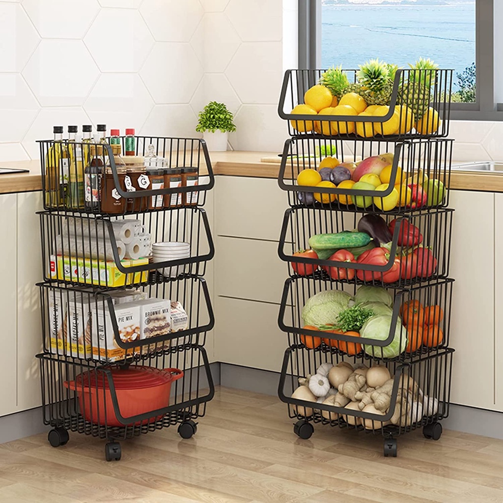 Metal Wire Basket with Wheels Stackable Rolling Fruit Basket | Shopee ...