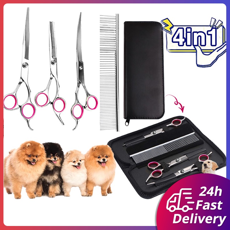 Pet Grooming Scissors Kit Stainless Steel 5 Pcs Curved Dog Cat Grooming ...