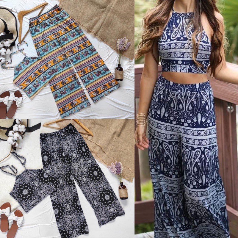 Aztec Summer Boho Pants Terno / Wide Leg Pants Backless Top Set