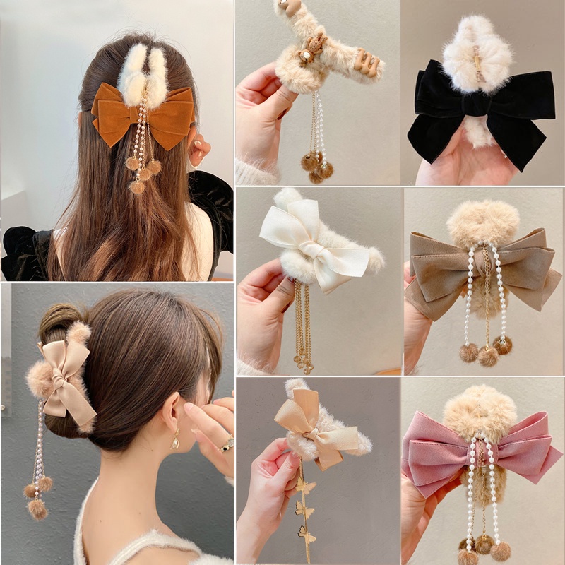 Korean Style Hair Clamp Cute Bow Hair Clip with Tassels Pearl Hair Claw ...