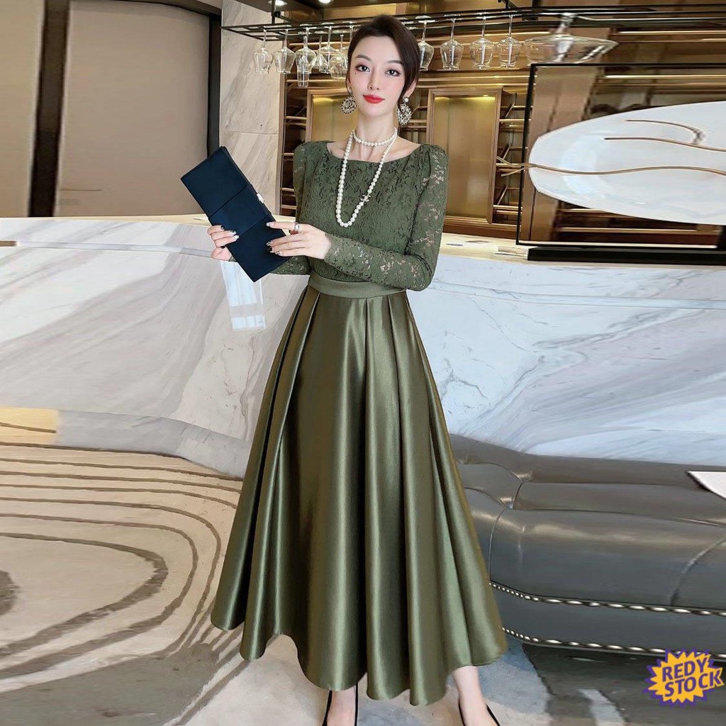 Sage green dress for women formal dress elegant Spring New Hepben style high waisted high waisted dress actress elegant temperament dress lace stitching satin pleated skirt two Shopee Philippines