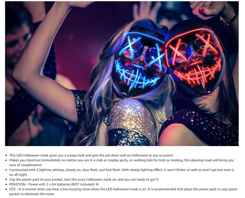 Light Up Mask LED Mask, Scary Halloween Mask, Glow Neon Mask Costume ...