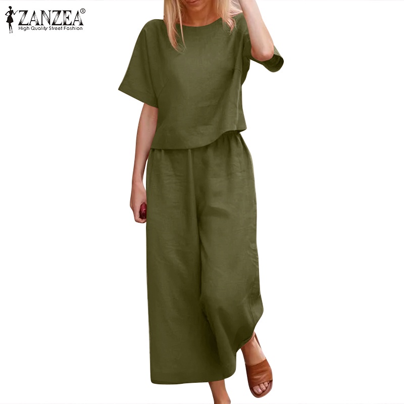 ZANZEA Women Casual Solid Color Short Top + Wide Leg Pants Sets ...