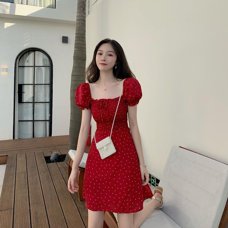 French dress square collar skirt retro red long skirt polka dot dress ...