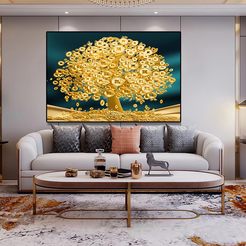 Gold Money Tree Canvas Painting Modern Living Room Wall Art Print