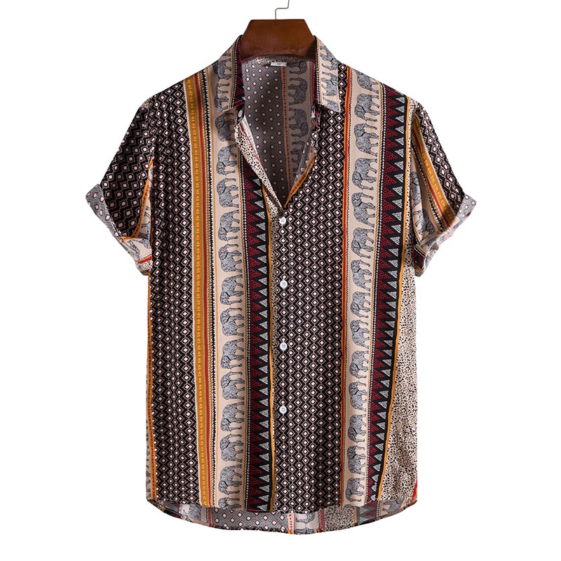 Men's Retro Short Sleeve Ethnic Printed Boho Shirt Loose Casual Button ...