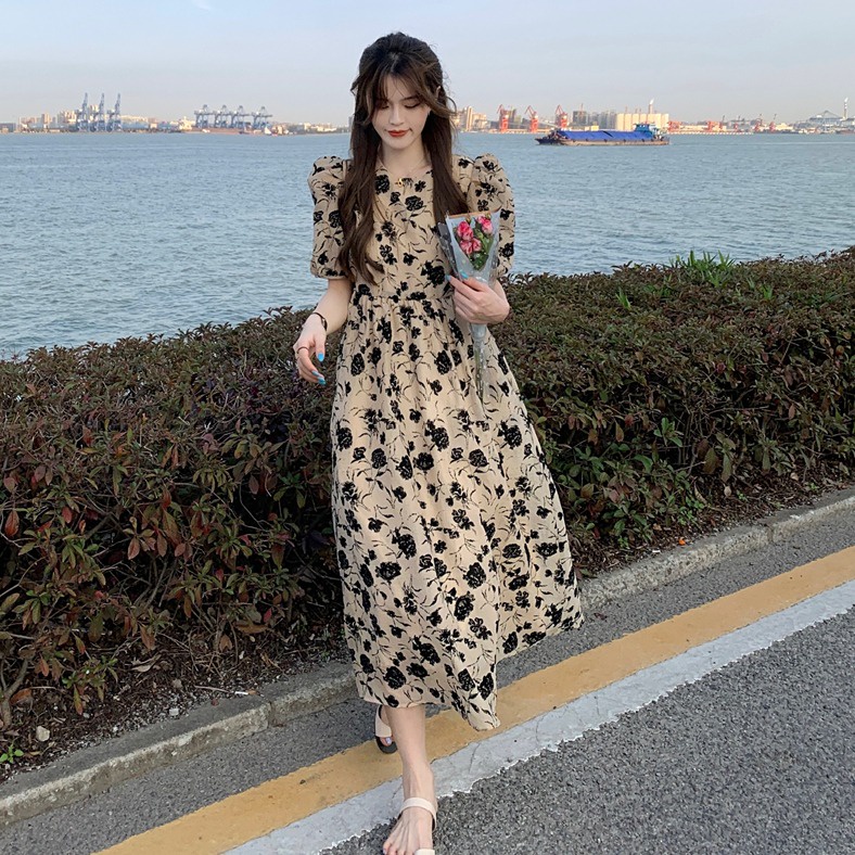 women's French retro floral dress