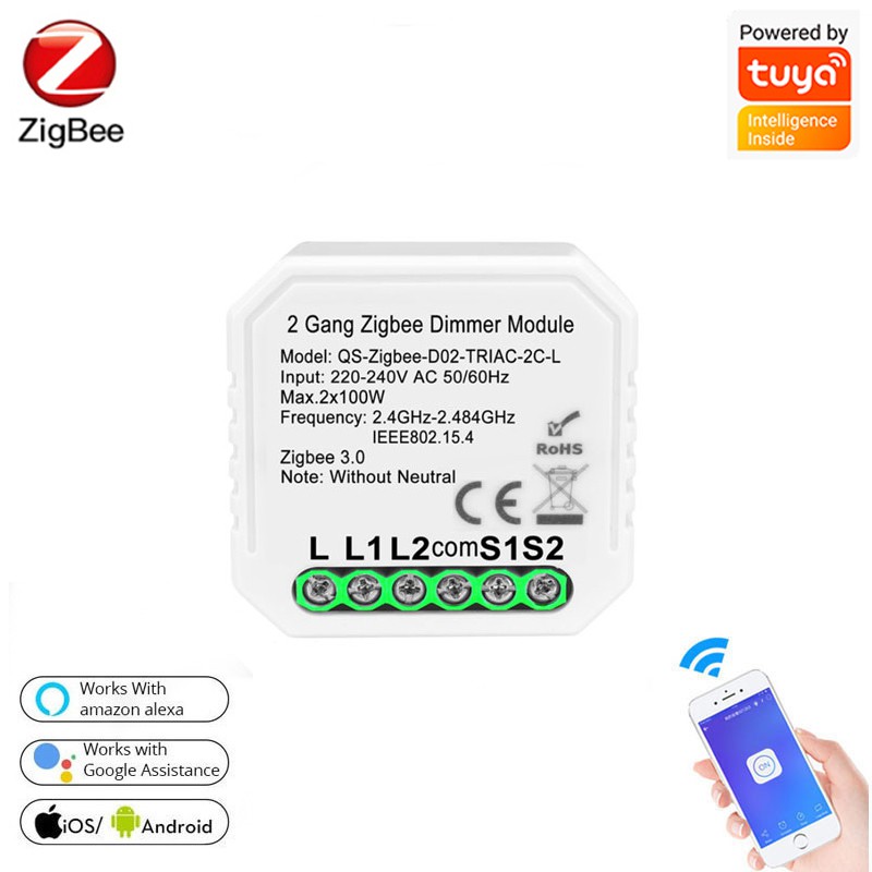 Tuya Zigbee 1/2 Gang Smart Dimmer Switch No Neutral Relay Smart Home