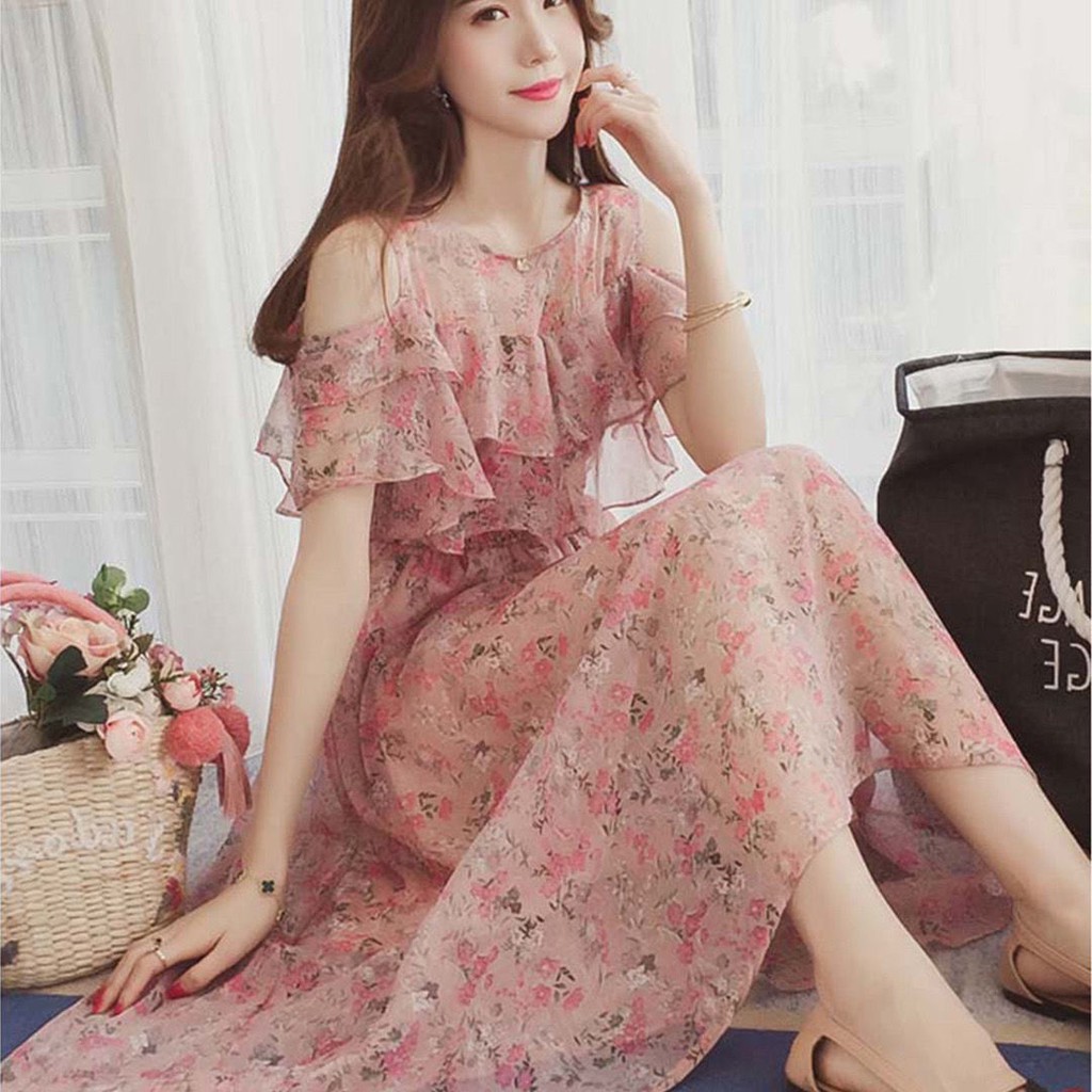 Shoulder Korean Maxi Korean Style Dress Summer Off The Shoulder Floral Chiffon  Dress