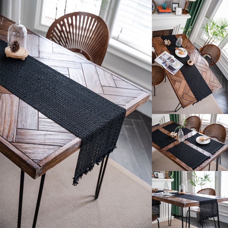 Black Splicing Weave Tassel Table Runner Cotton Linen TV Cabinet Cover ...