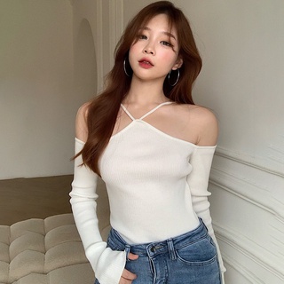 Halter solid off shoulder long sleeve blouse hot sale