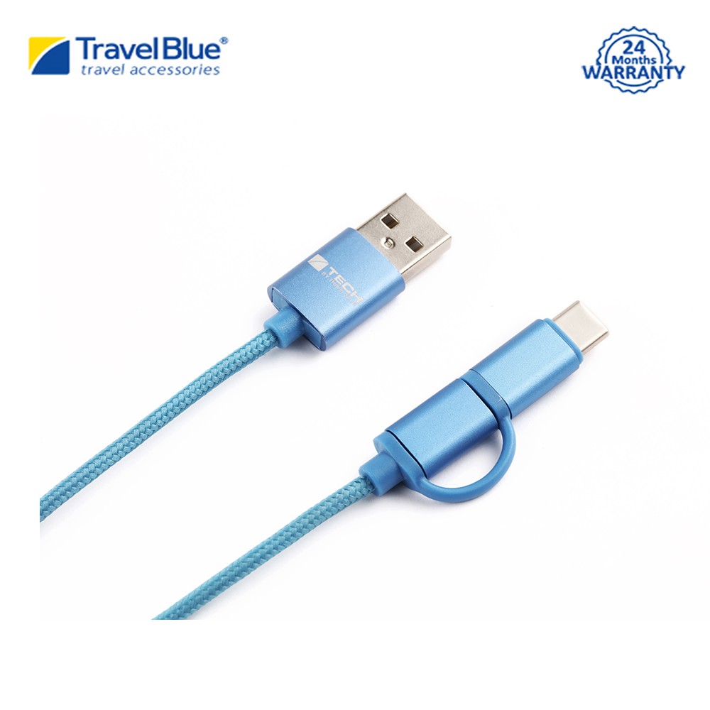 TRAVEL BLUE 2-IN-1 CHARGE CABLE USB TO MICRO USB TYPE C -BLUE TB988