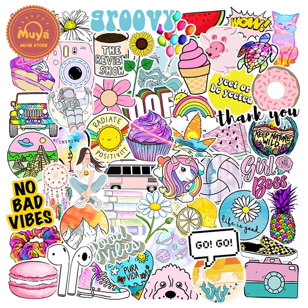 MUYA 100pcs Cute VSCO Girl Stickers Waterproof Colorful Vinyl Stickers ...