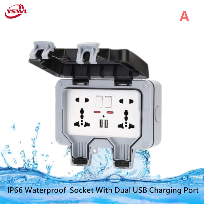 YSVWL IP66 waterproof socket Outdoor Outlet Dual USB Charging Port Wall