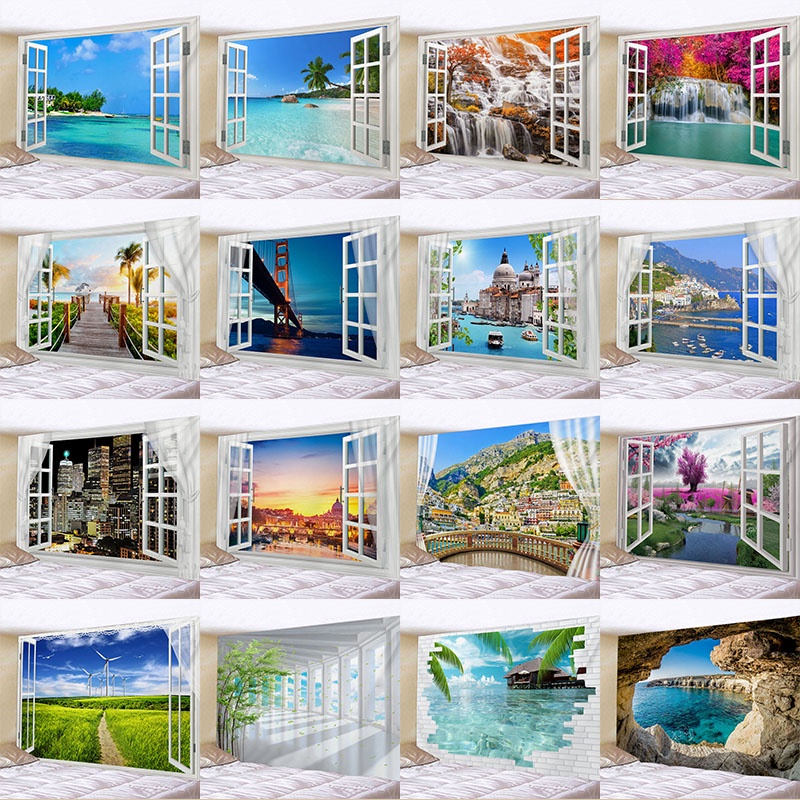 Tapestry Wall Decor Beautiful Window Sea View Scenery Home Decoration ...