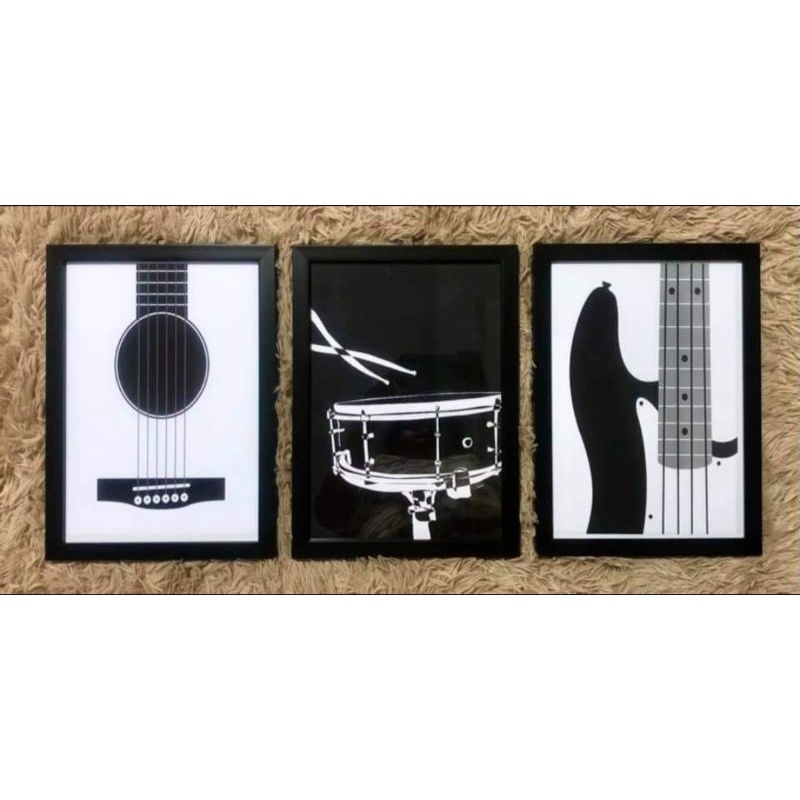 3 Pcs Set - Music Instrument - Wall Decor Frame - Guitar - Drums ...