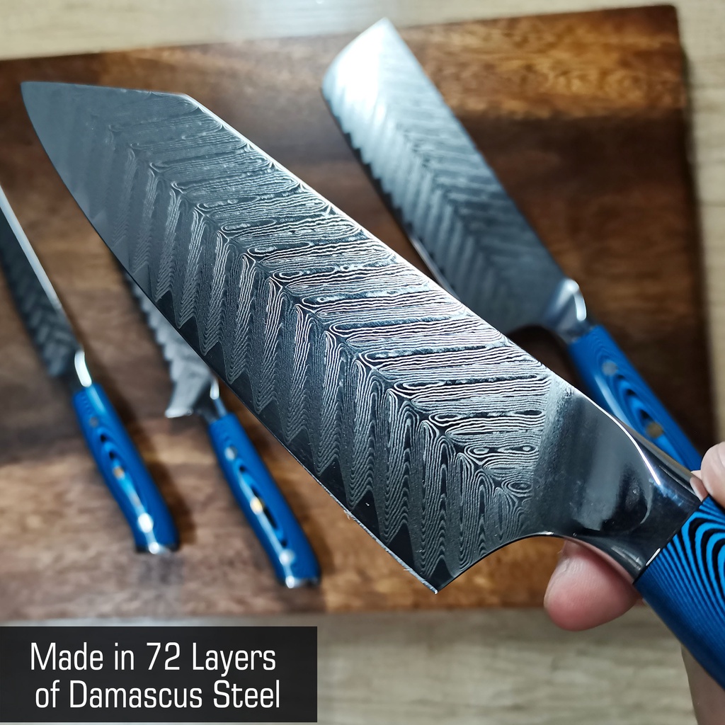 Damascus Kitchen Knife Set, 72 Layers Hand Crafted, Blue Pakka Wood  BladeKin