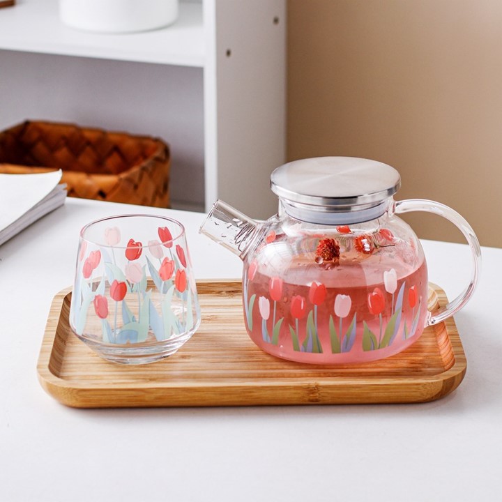 Coffee Glass Tall Teapot Floral Tulip Daisy Gold Edge Cute Tea Set Home