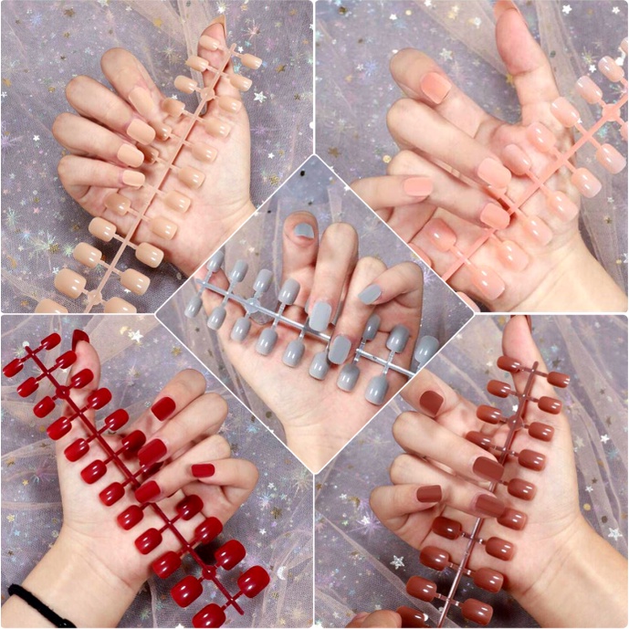 24 fake nails short round solid color fake nails French glossy fake