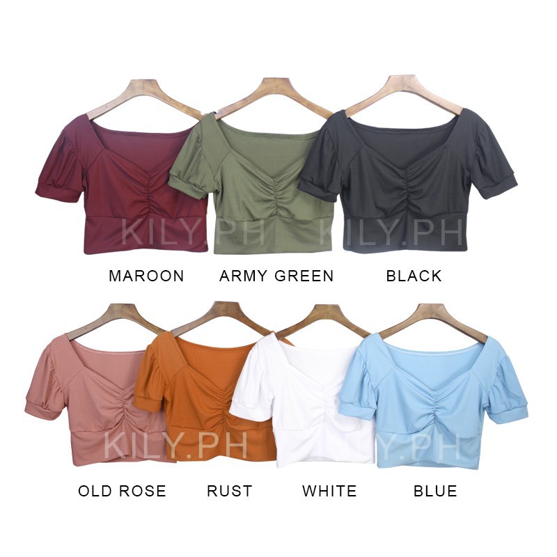 Kily.PH Crop Top For Women Cinched Cut V-neck Knitted Tops Basic Shirt ...