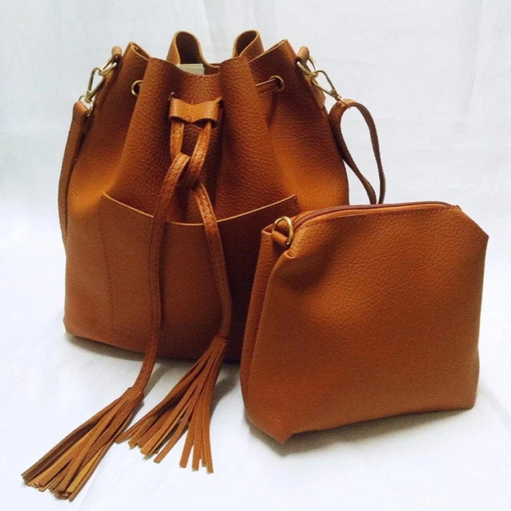 SAS Korean Leather Bucket Shaped Draw String Pouch Bag Set Shopee