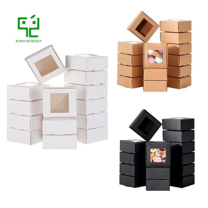 50 Pieces Mini Kraft Paper Box with Window Present Packaging Box Treat ...