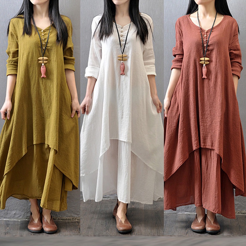 Flash Sale Women's Linen Plus Size Long Dress Muslimah Dress White ...