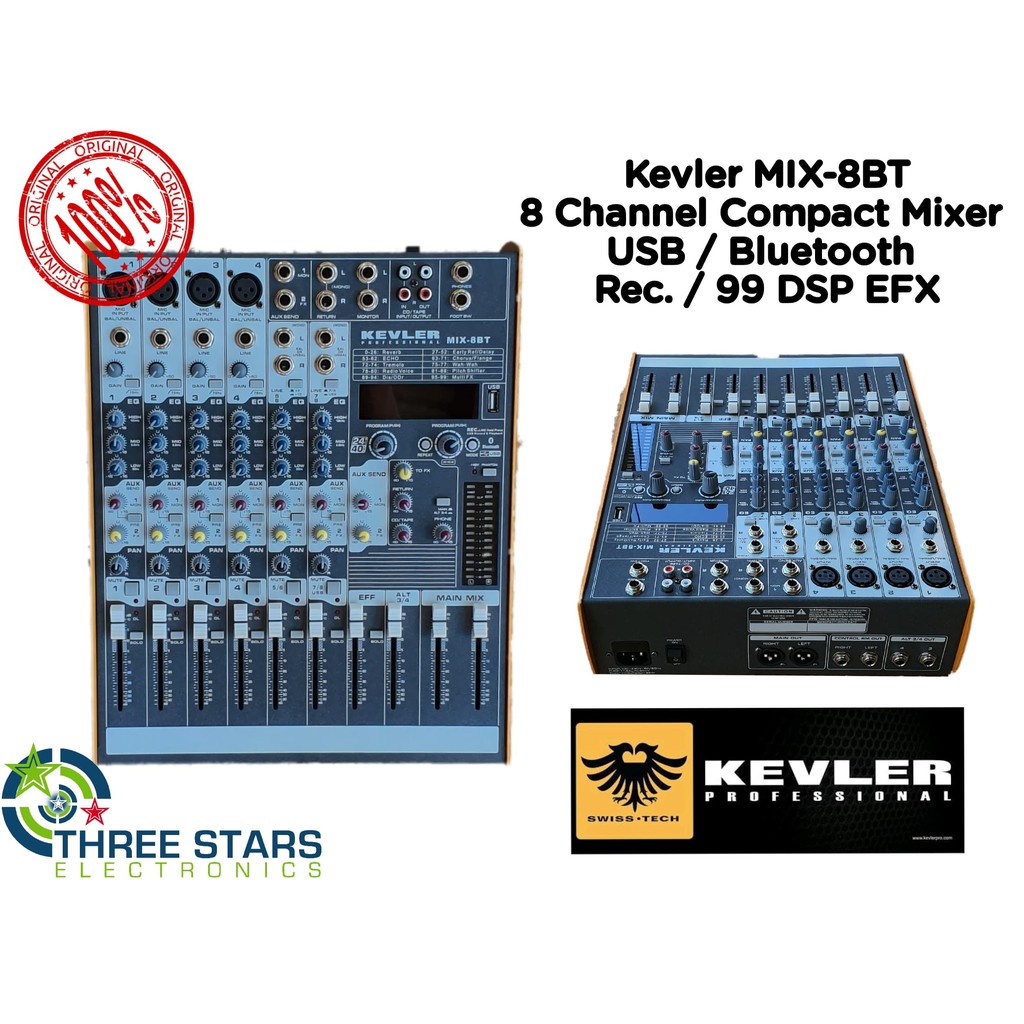 KEVLER MIX-8BT 8 Channel Audio Mixer Bluetooth USB MP3 48V Phantom ...