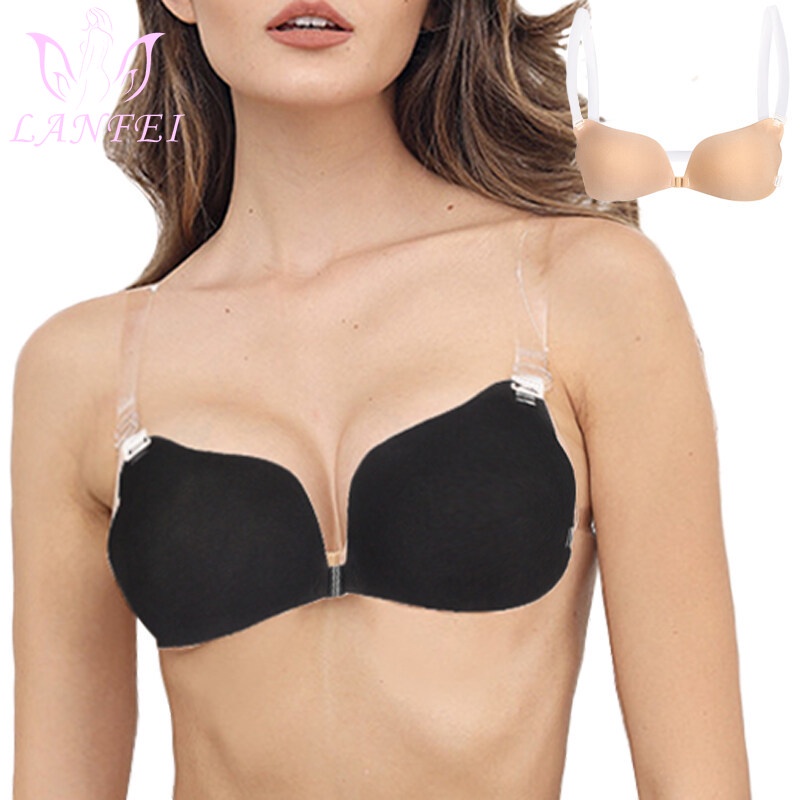 Adhesive Backless Sticky Push Up Invisible Strapless Bra with Clear Back  Straps for Women