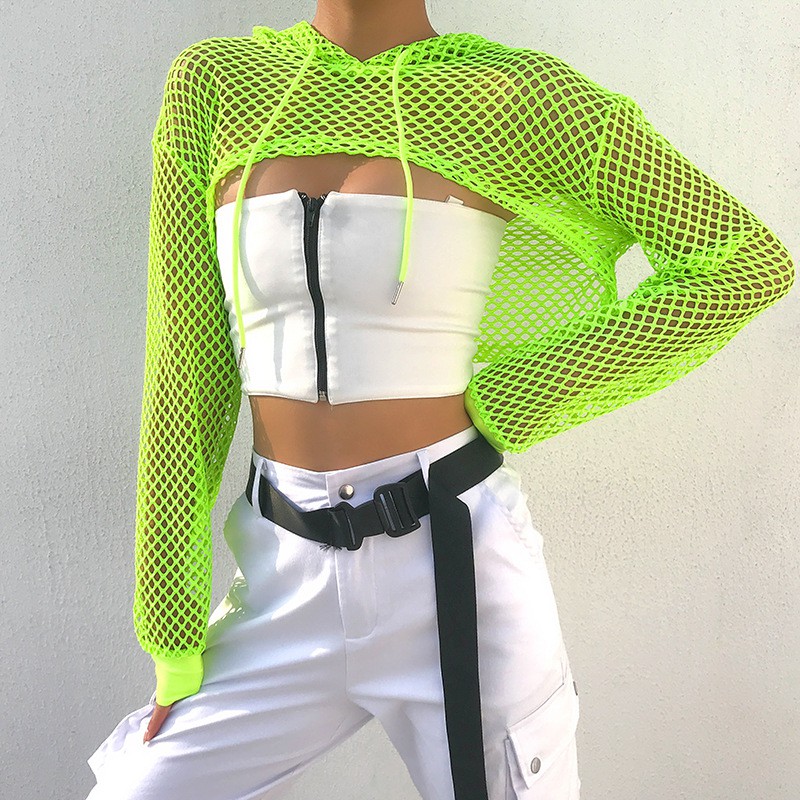 Sexy Hollow Out Fishnet Crop Hoodie Women Long Sleeve Tshirt Short Overall Neon Green Casual Mesh Hooded Tops Punk Rock Shopee Philippines