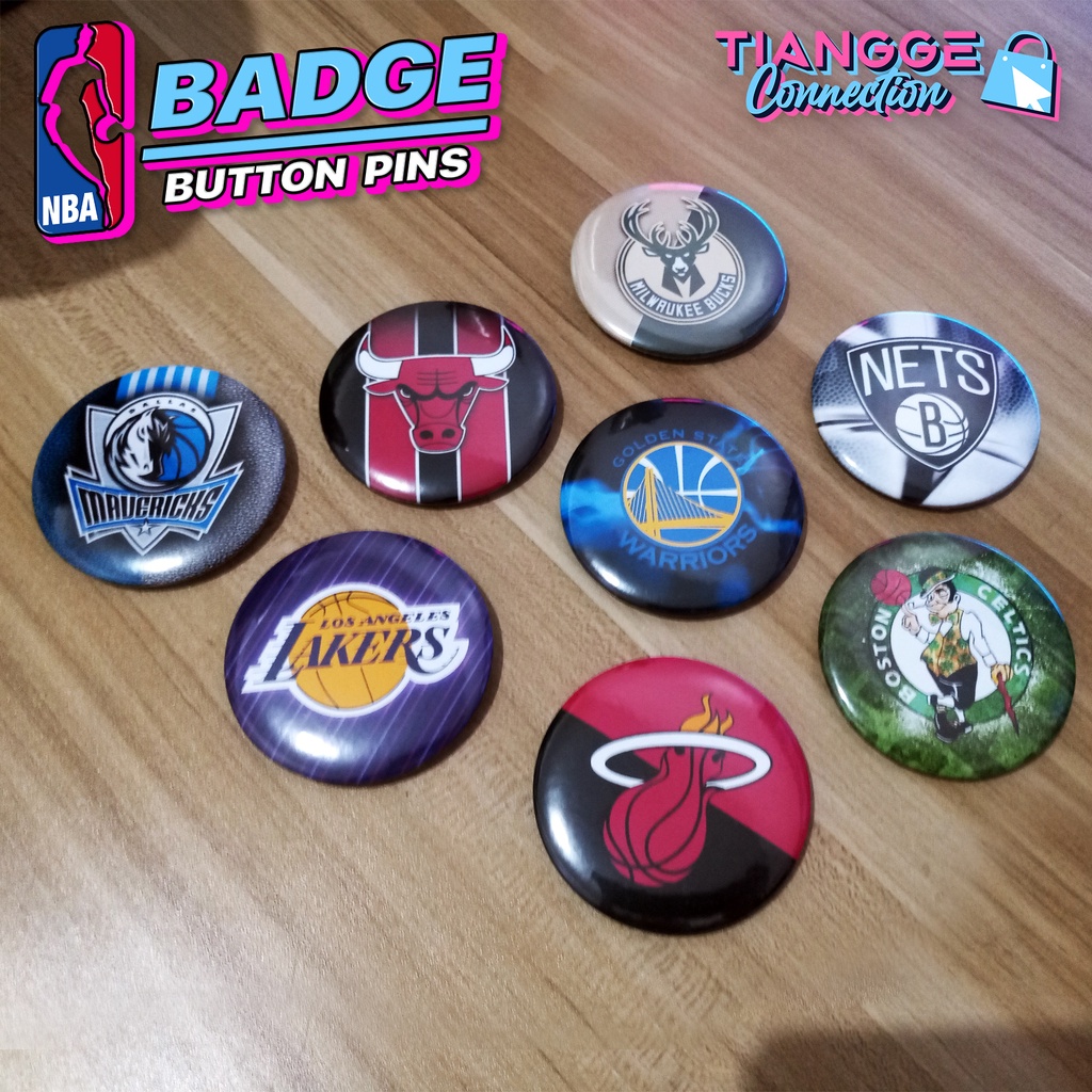 NBA BADGE pins (WARRIORS, HEAT, LAKERS, CELTICS, and more) button ...