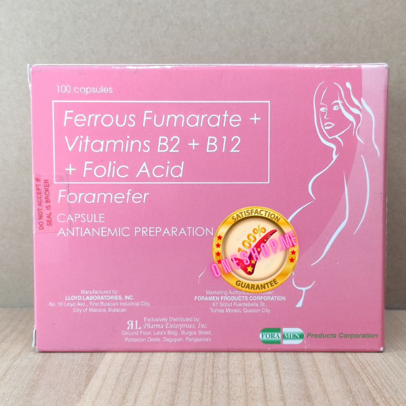 FORAMEFER (Ferrous Fumarate + Vit B2, B12, + Folic Acid) 100 Capsules