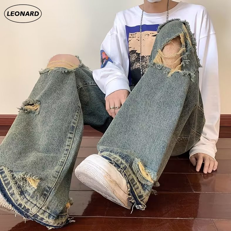 Fashion Beggar Ripped Jeans For Men Casual Loose Wide Leg Denim Pants ...