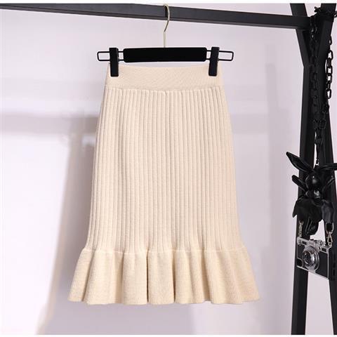 Knitted Skirt Women's Mid-length New Ruffled Wool Skirt Package Hip ...