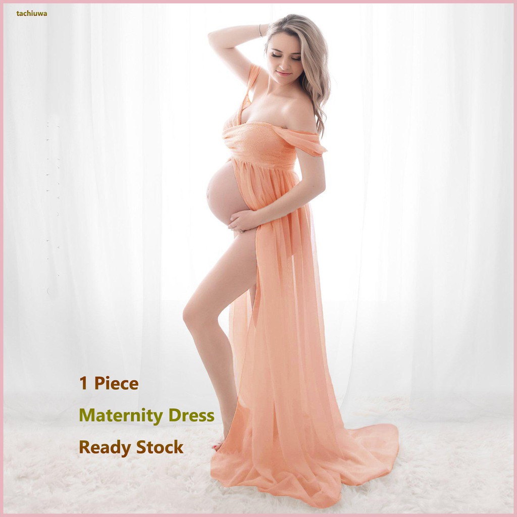VSNOW Maternity Photography Dress - Off Shoulder Chiffon Gown With Lace Front Split