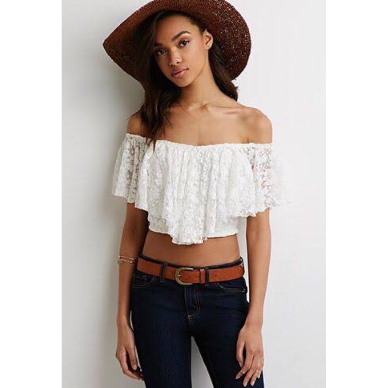 Forever 21 Lace floral white crop top off shoulder Shopee