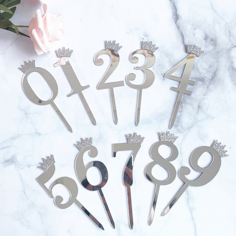 Silver Acrylic Number with Glitter Crown Cake Topper Party Decor ...