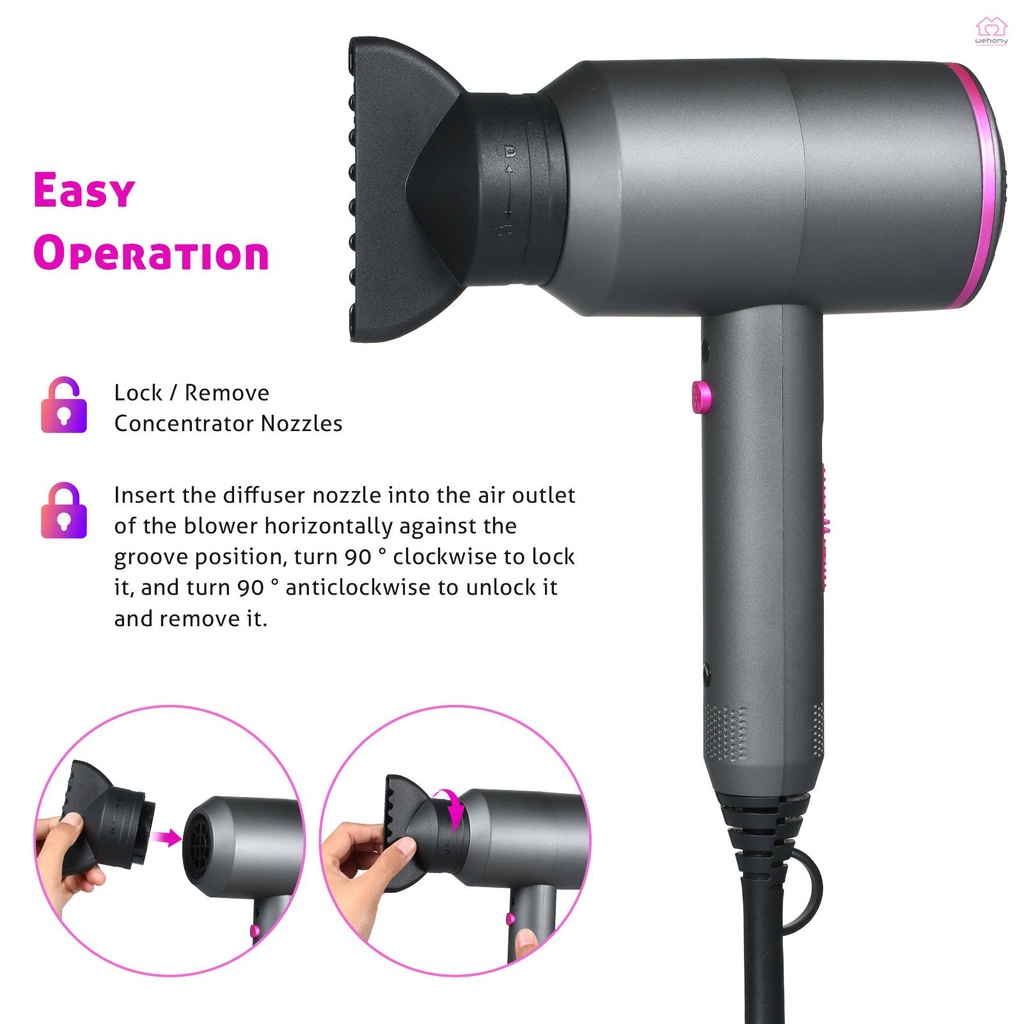 2fA7 Hair Dryer with Ionic Tech Quick Drying 3 Nozzles Diffusers 3 Heat