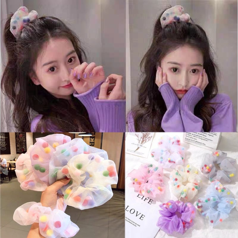 2020 Scrunchie Trendy Girl Lady Floral Mesh Hair Scrunchies Ball Ring ...