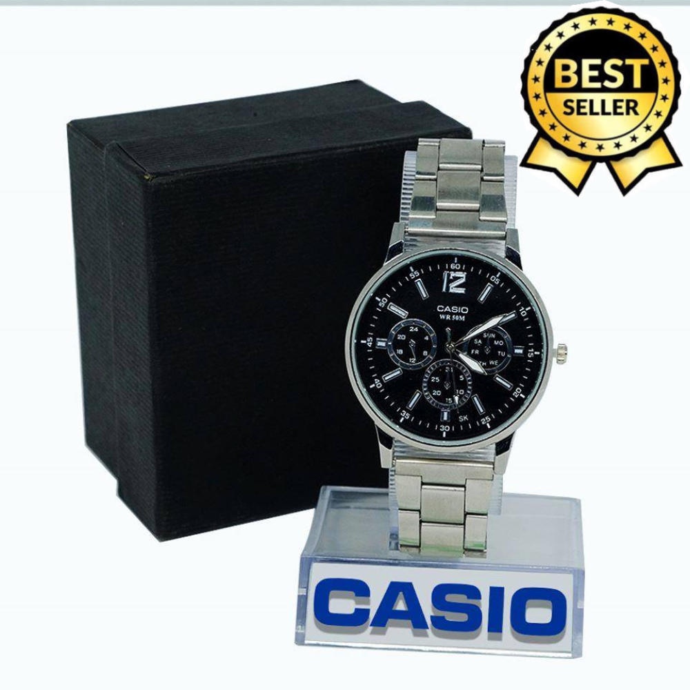 Casio Analog WR50M SK Black Dial Tri-Chrono Stainless Steel Watch for ...