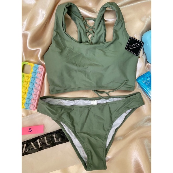 green halter top two piece swimsuit swimwear bikini set Shopee