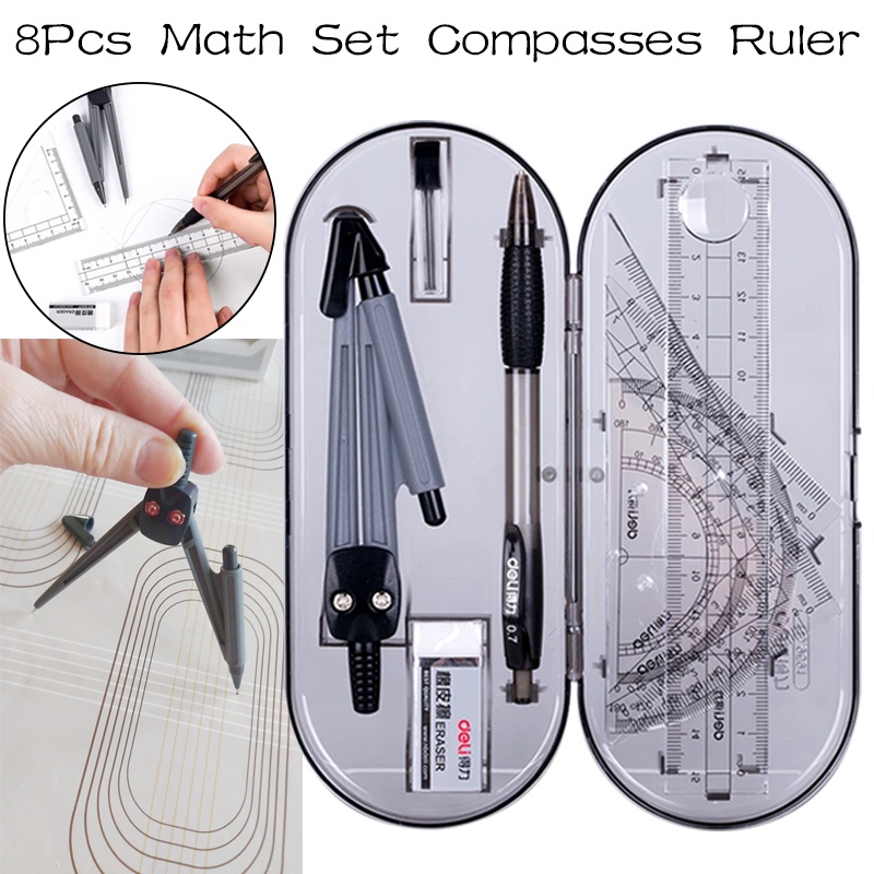 1Set 8Pcs Math Set Compasses Ruler Triangle Square Ruler Students Test ...