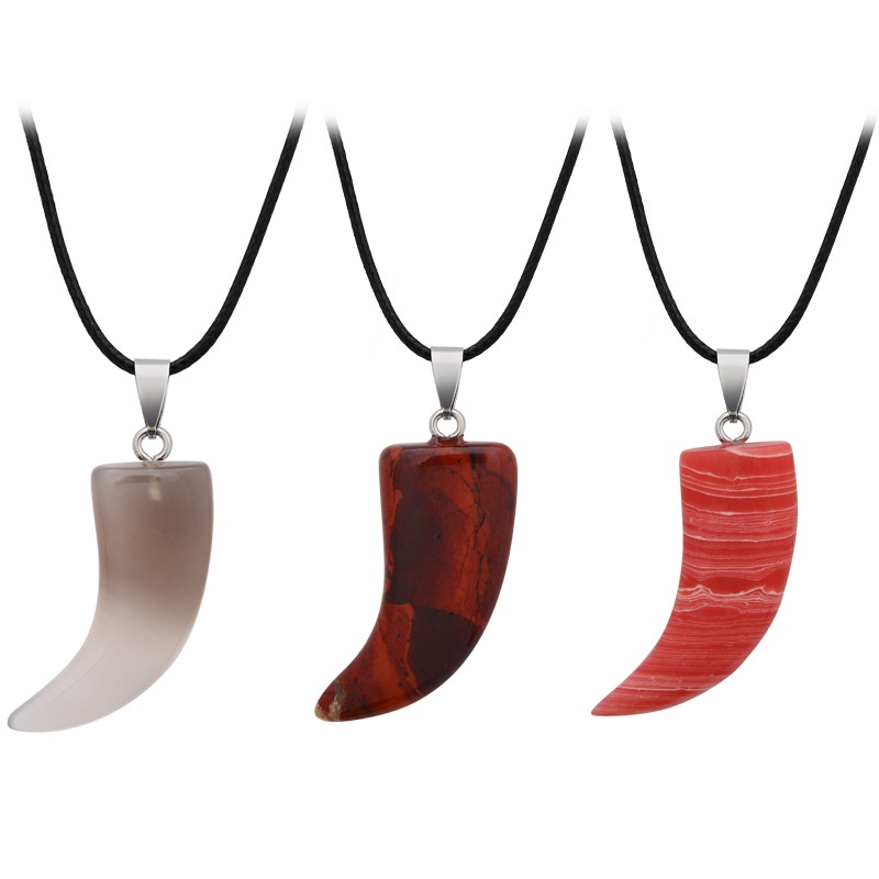 Men Natural Crystal Wolf Fang Tooth Pendant Necklace Punk Cool Black