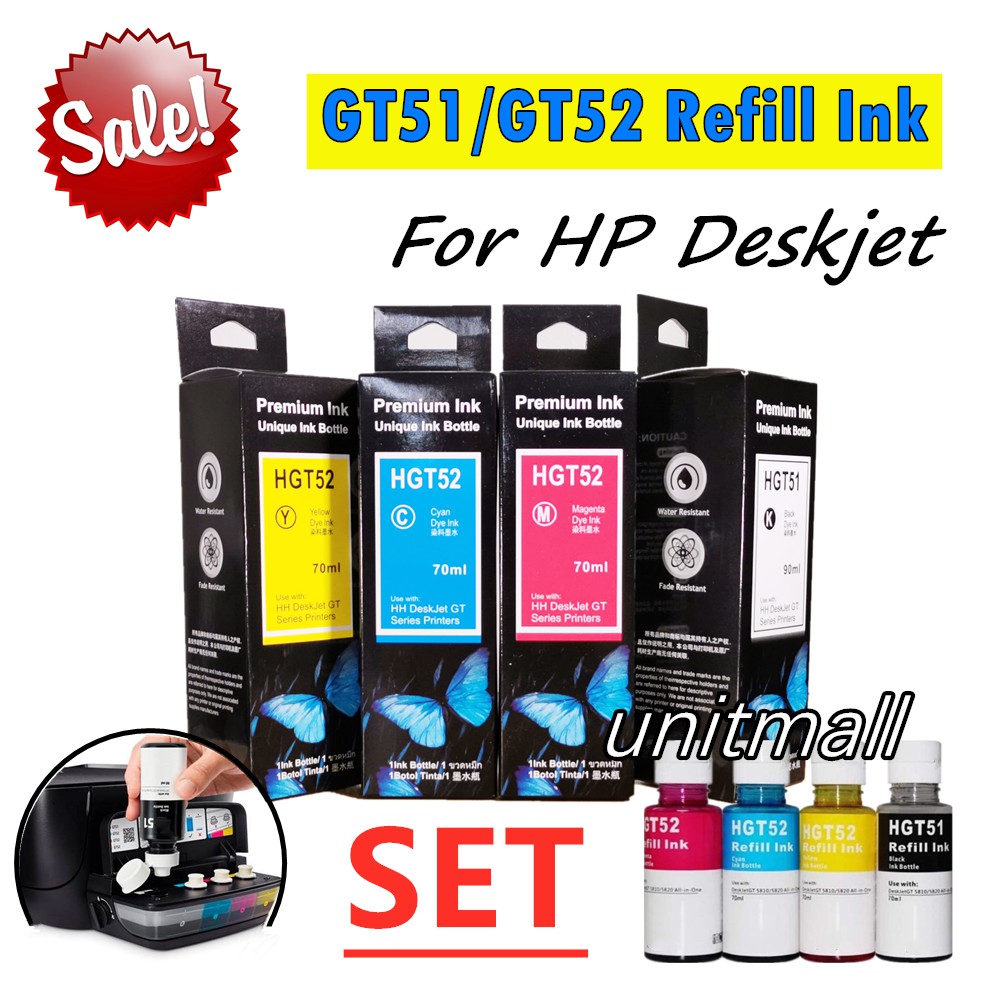 Bundle of CMYK INK GT51 GT52 Premium Ink Refill 100ml for Hp smart tank ...