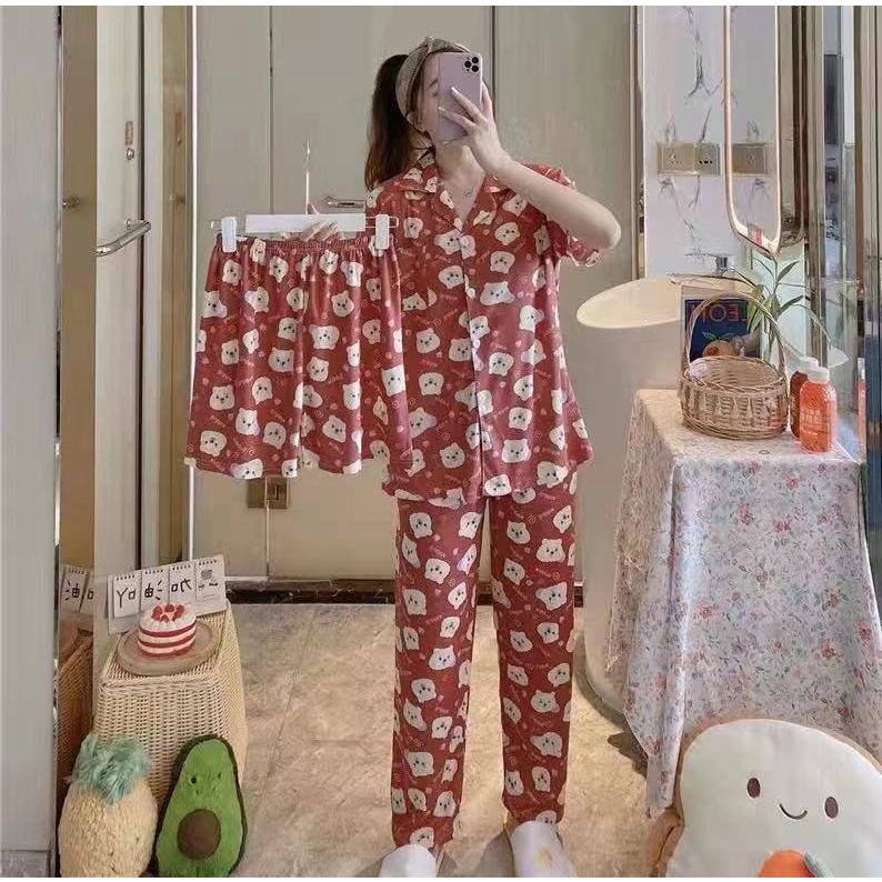Piyama 3IN1 SET Of Adult Women's Sleep Clothes IMPORT Short Arm Short ...